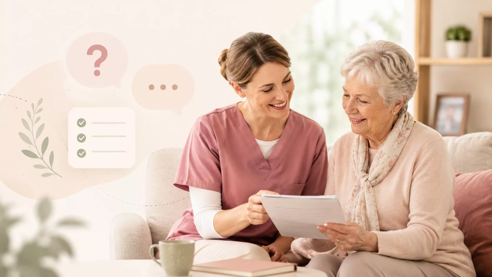 Pflegekraft im Gespräch mit einer Seniorin – freundliche Beratung zu häufigen Fragen rund um Pflege und Unterstützung